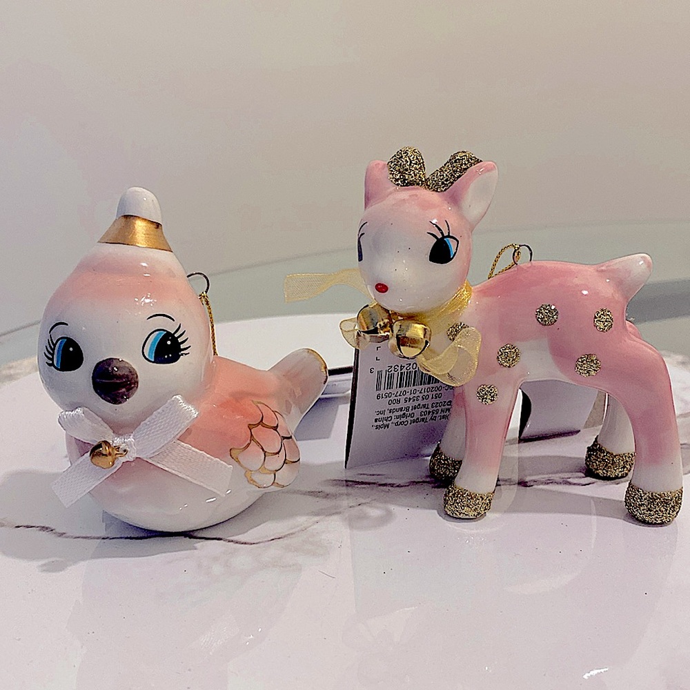 🎄 Wondershop - Ceramic Retro Style Ornament Set of 2 - Pink Bird and Deer